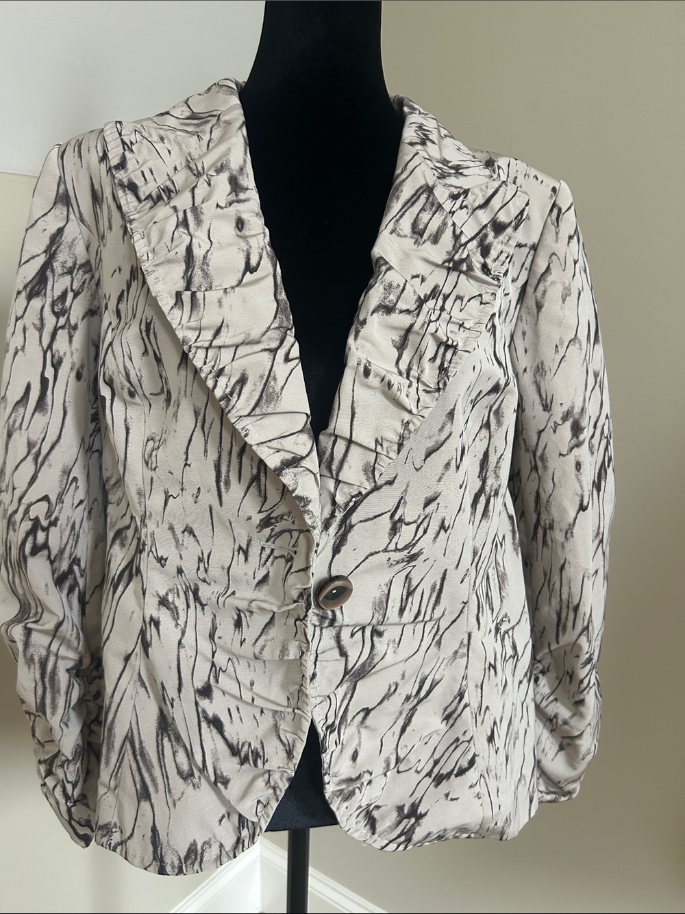 Escada Cream and Black Printed Ruffle-Trim Blazer
